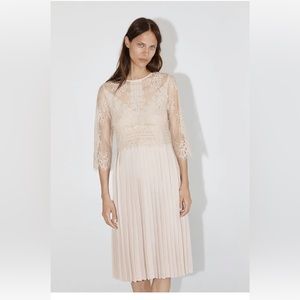 NWT ZARA Cream Pleated Lace Contrast Midi Dress - Size S